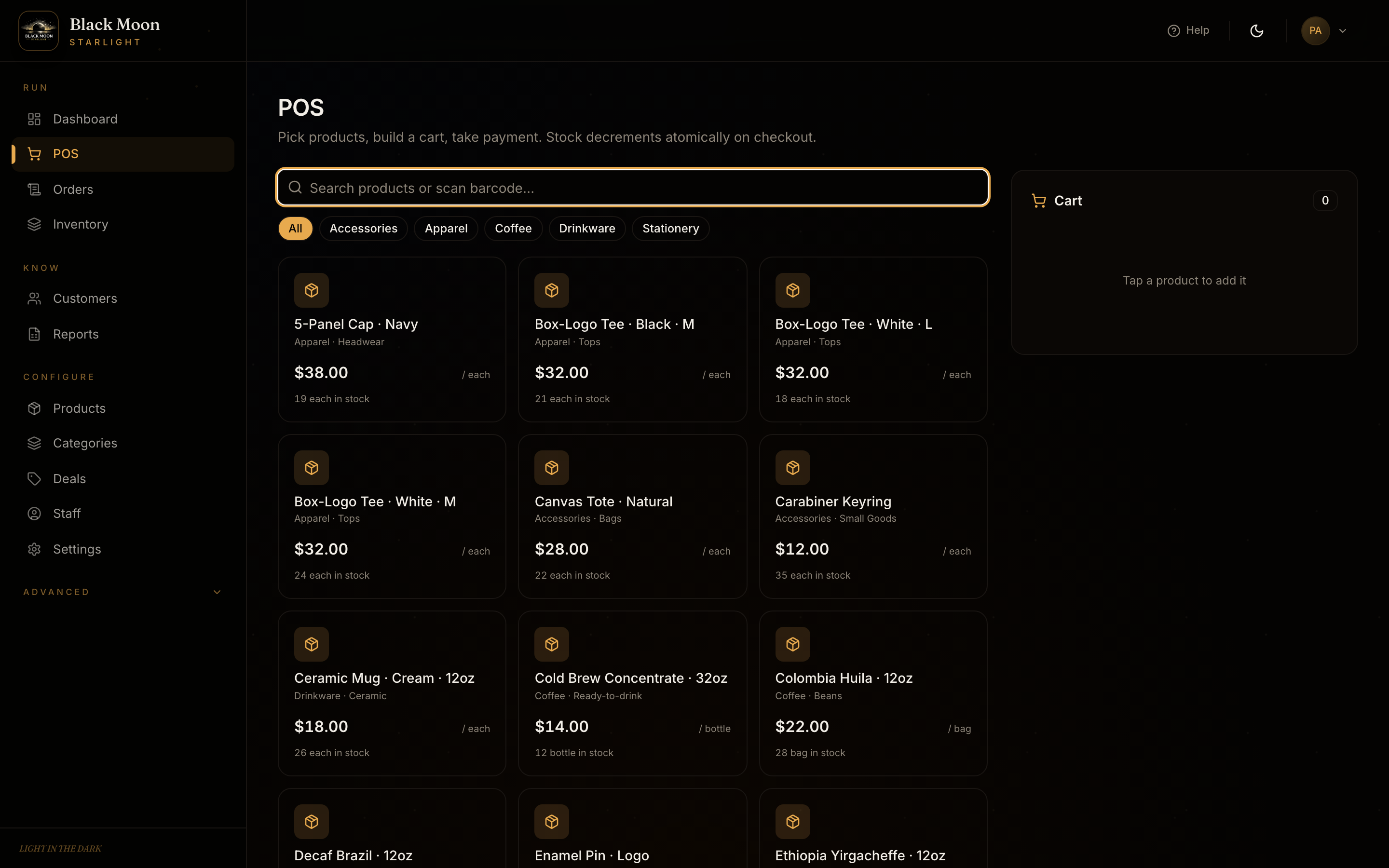 Black Moon Starlight POS screen with product grid, category filters, and cart panel.