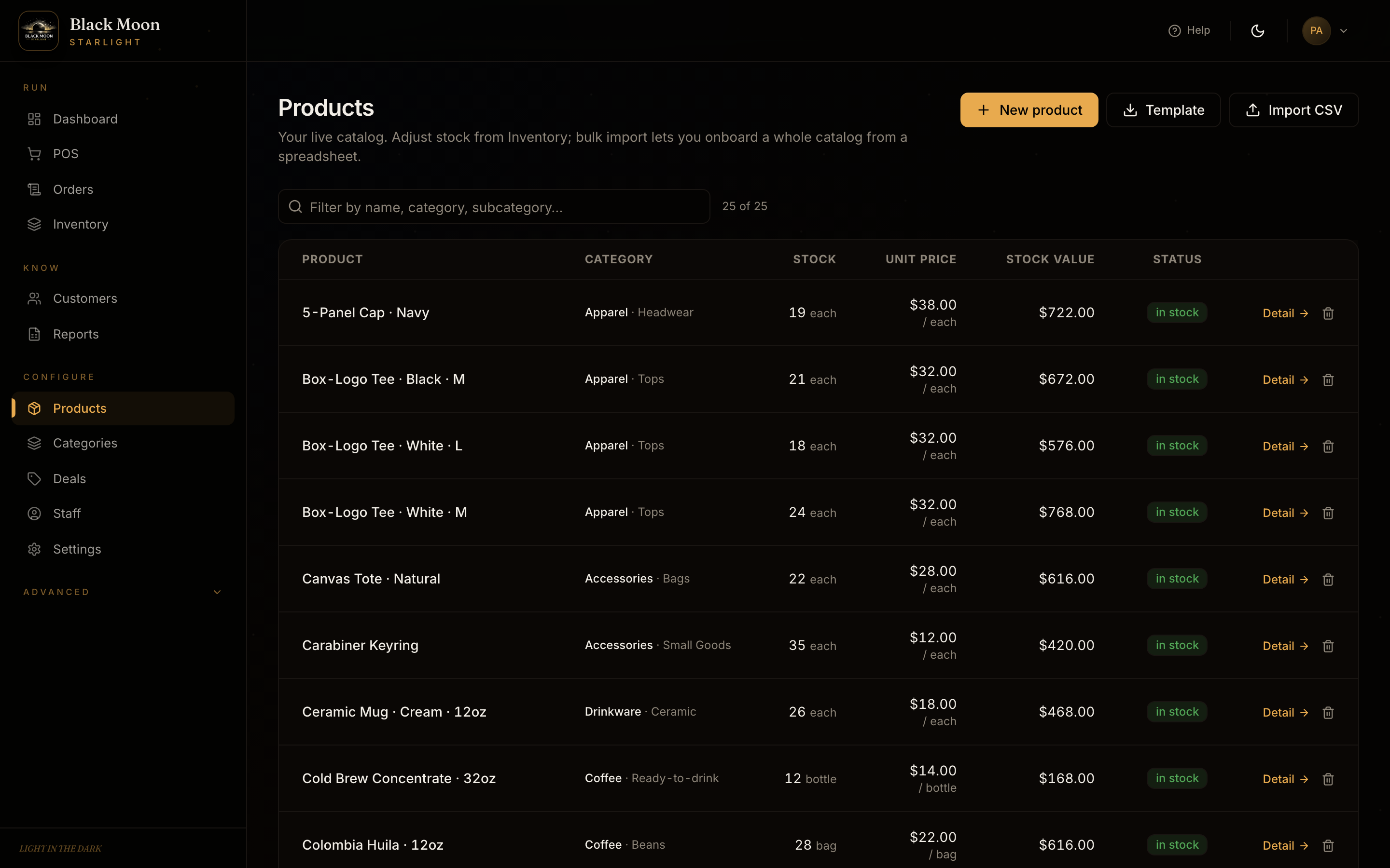 Black Moon Starlight Products page — table of 25 real products with categories, stock, unit price, stock value, and status.