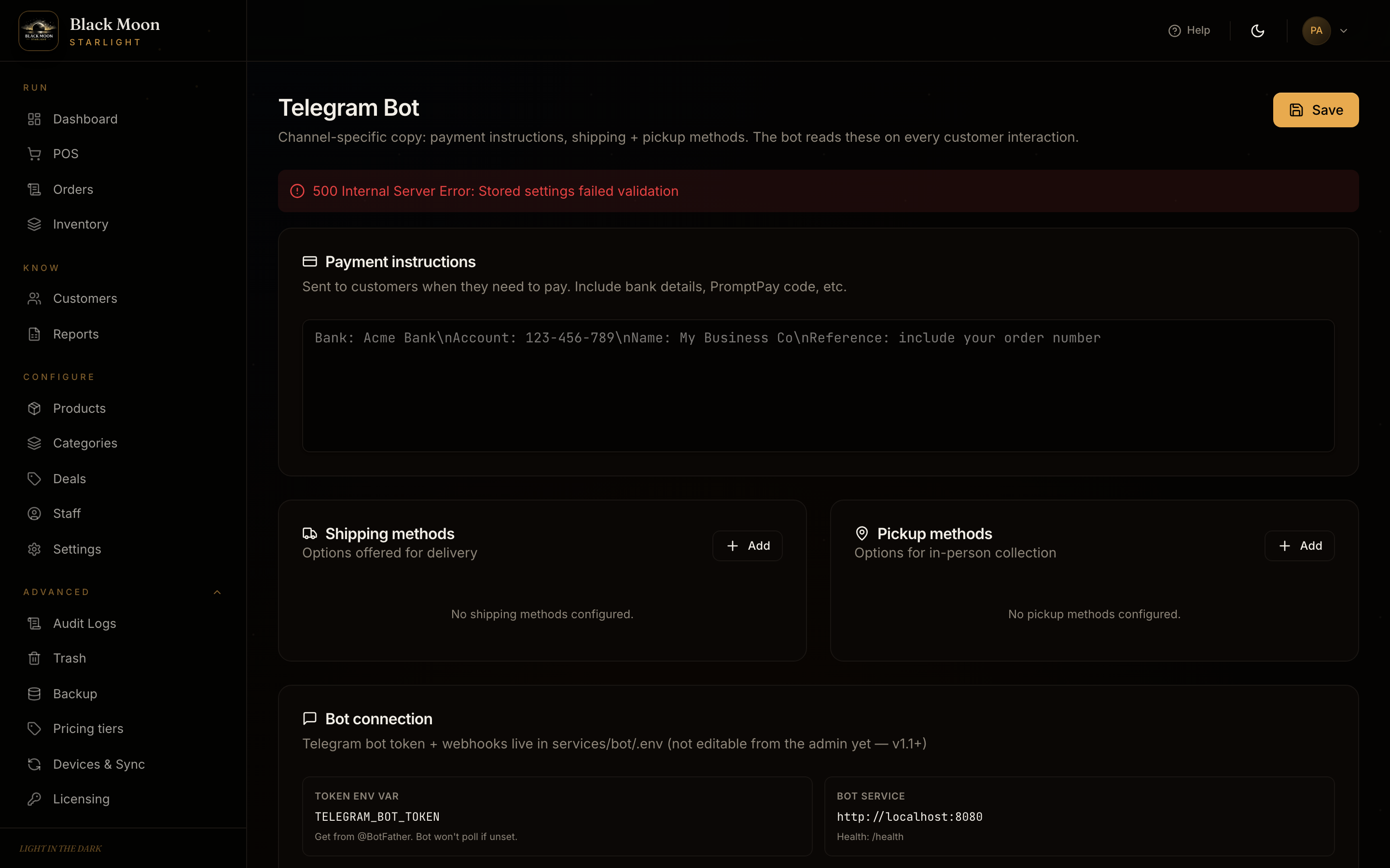 Black Moon Starlight Telegram bot configuration — payment instructions, shipping + pickup methods, bot connection.